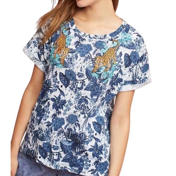 Anthropologie Boho Jungle Safari Tiger Eclectic Artsy Tee Akemi+ Kin Sz XS Top - Picture 1 of 9